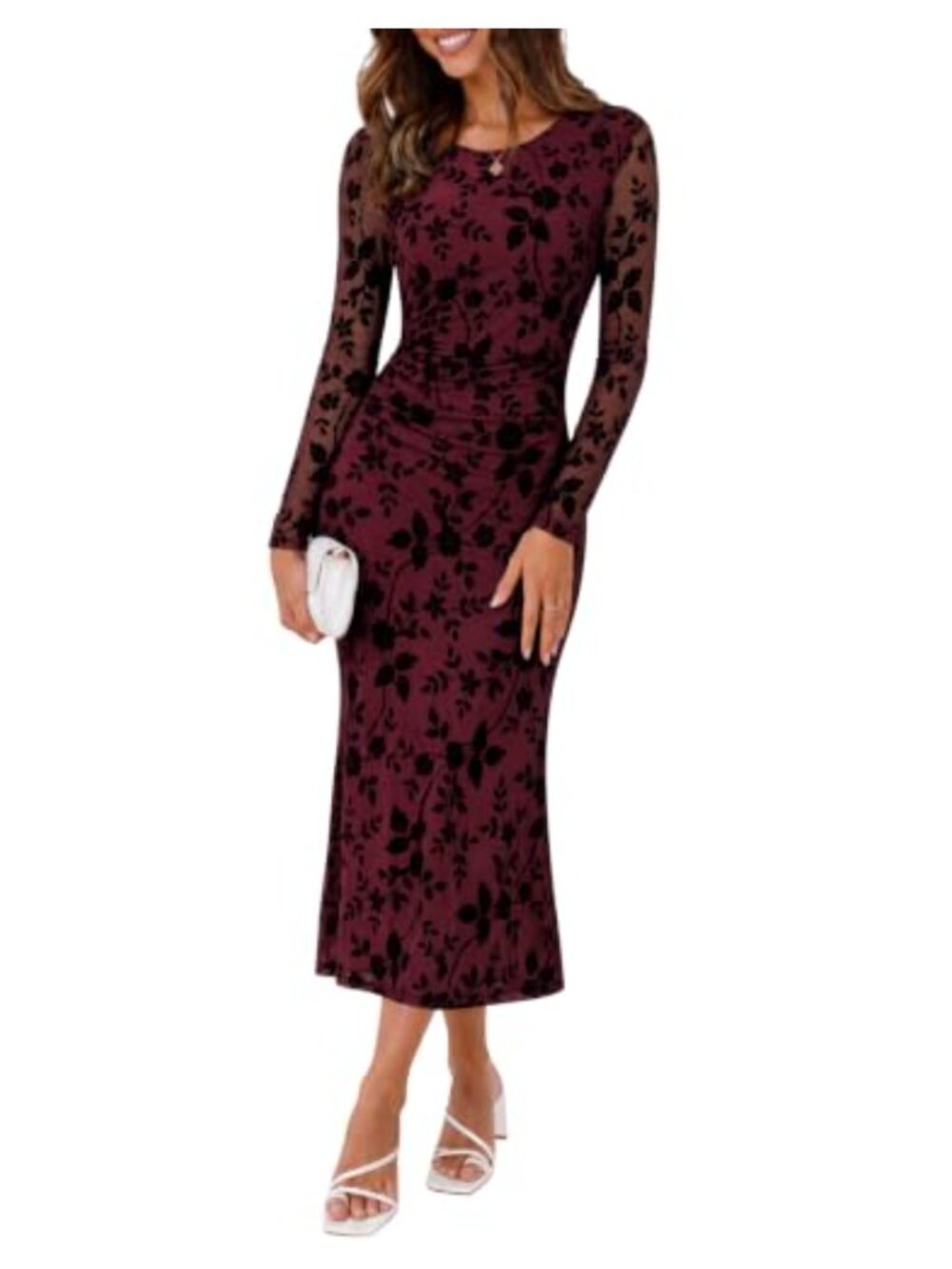 Womens Mesh Floral Midi Bodycon Dress Long Sleeve Ruched Crewneck